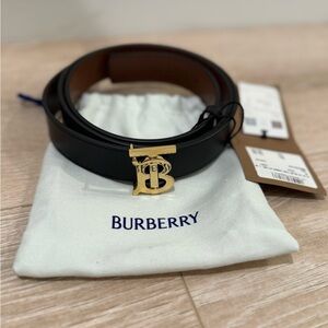 Burberry Black Leather Belt with Gold Buckle